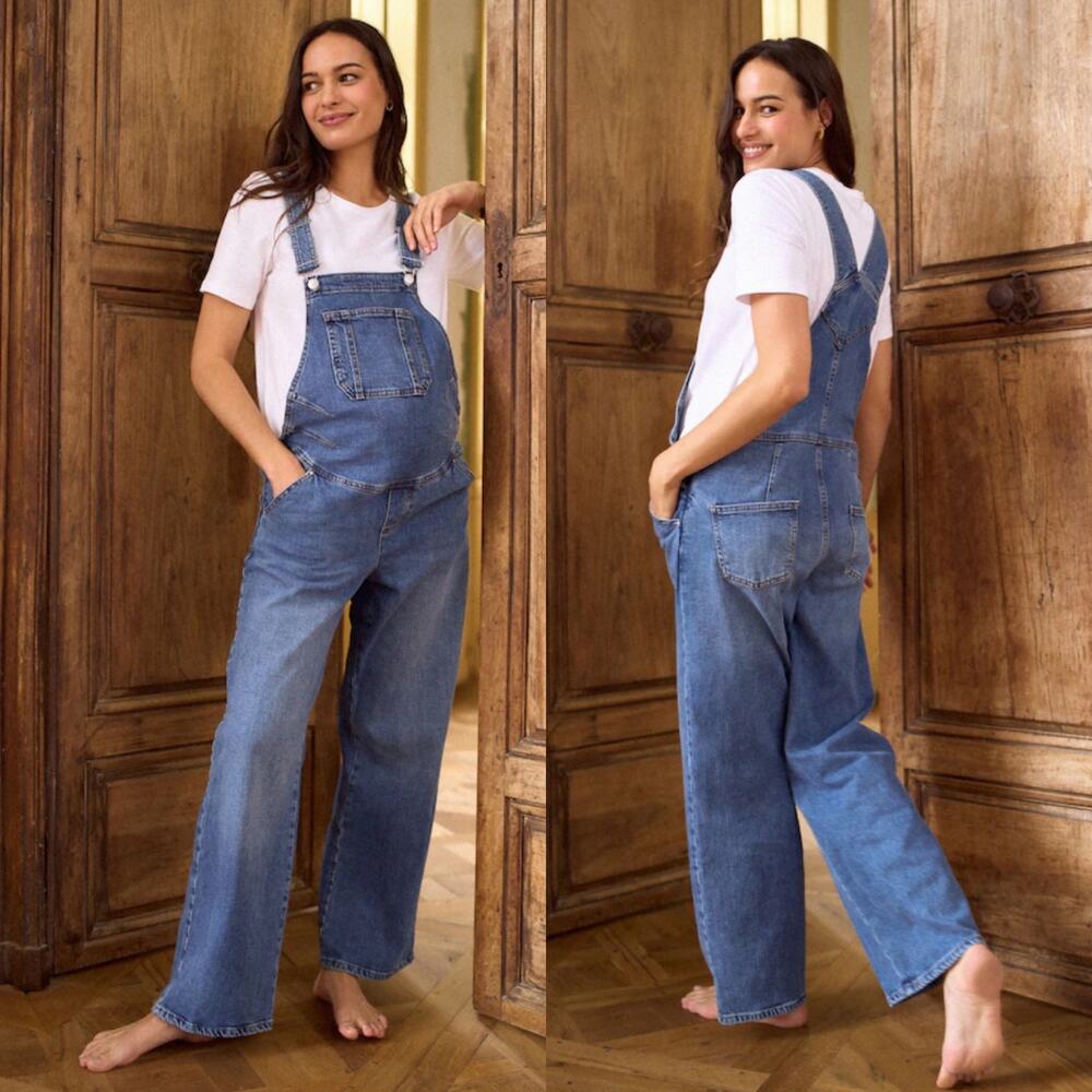 Seraphine Overalls Womens 10 Mid Blue Wash Maternity Wide Leg Dungarees Denim